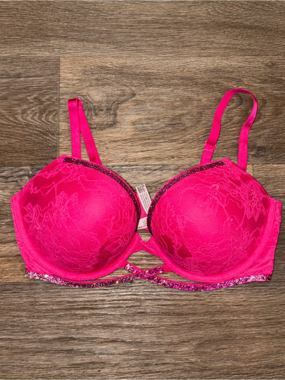 Victoria's Secret Bright Pink Lace Push-Up Bra with Sequin Trim